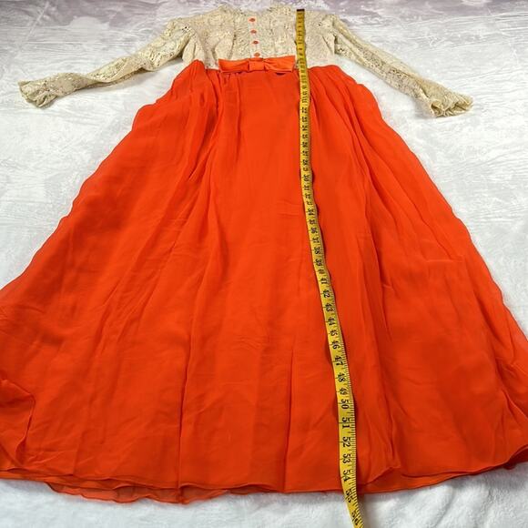 Vintage 70s Unbranded orange Chiffon and cream lace maxi dress, size small or xs - Picture 6 of 12